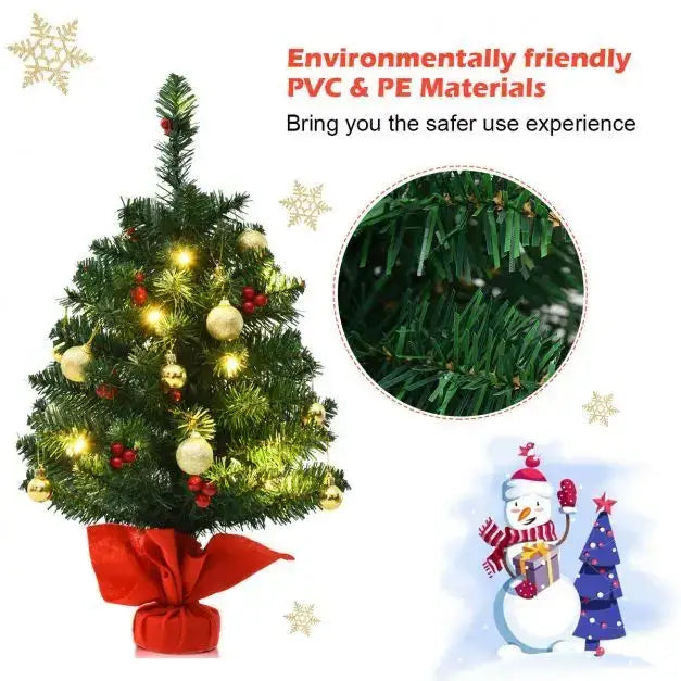 60cm Christmas Tree – Tabletop Pre-Lit Tree | Red Berries and Golden Balls COSTWAY - Little and Giant Explorers Costway