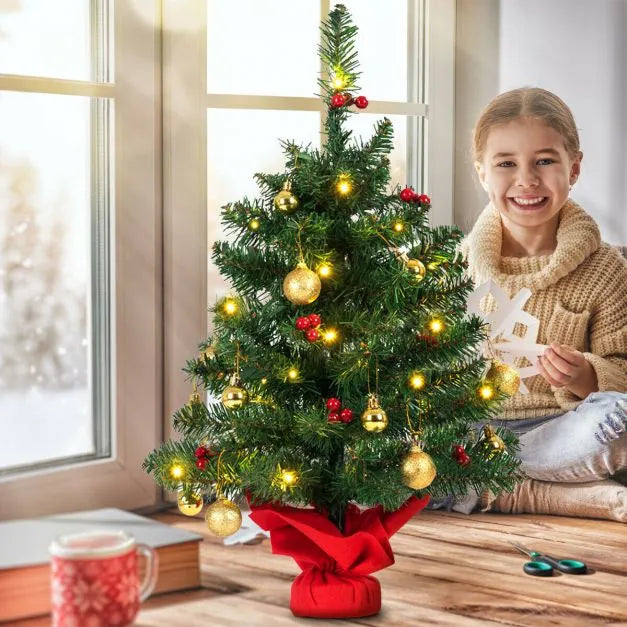 60cm Christmas Tree – Tabletop Pre-Lit Tree | Red Berries and Golden Balls COSTWAY - Little and Giant Explorers Costway
