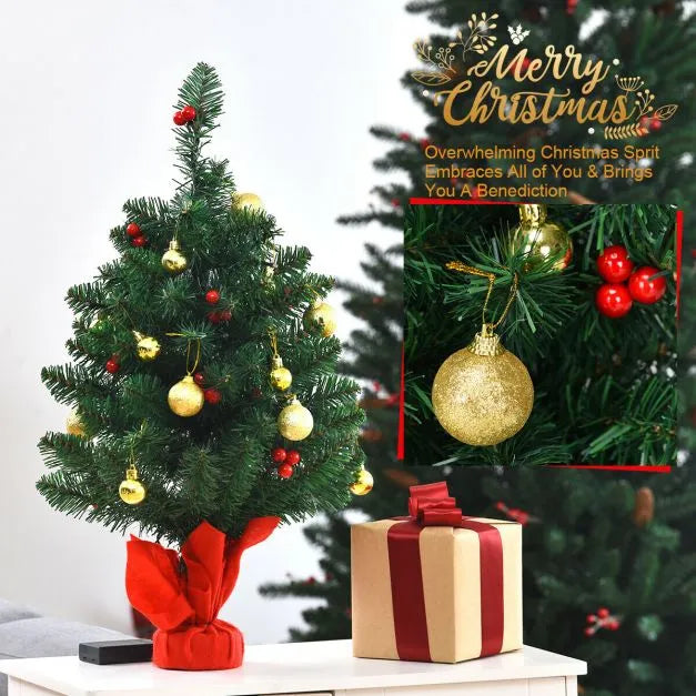 60cm Christmas Tree – Tabletop Pre-Lit Tree | Red Berries and Golden Balls COSTWAY - Little and Giant Explorers Costway
