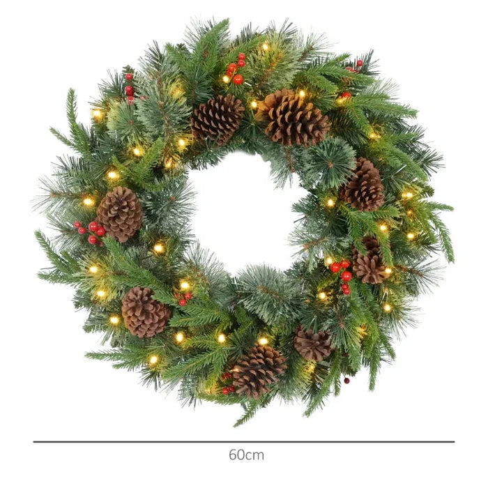 60cm Cone and Berry Christmas Wreath with LED Lights - Little and Giant Explorers HOMCOM