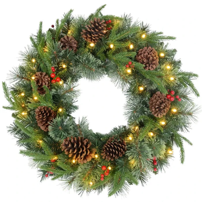 60cm Cone and Berry Christmas Wreath with LED Lights - Little and Giant Explorers HOMCOM