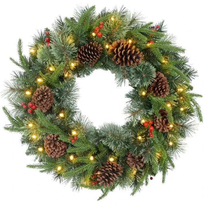 60cm Cone and Berry Christmas Wreath with LED Lights - Little and Giant Explorers HOMCOM