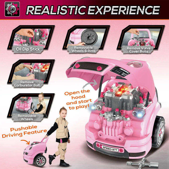 Pink kids engine toy car workshop set with removable wheels, girl in mechanic costume, educational role play toy.