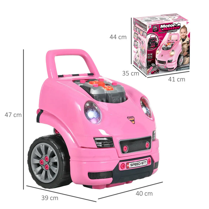Pink kids car engine toy set with box and visible product dimensions