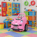 Pink kids toy car maintenance set with colorful tools and storage bins in playroom