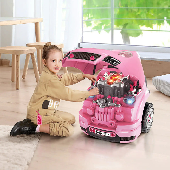 Girl playing with pink kids engine toy set in living room, educational vehicle workshop