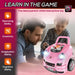 Father and child play with pink engine toy car set, educational parent-child activity.