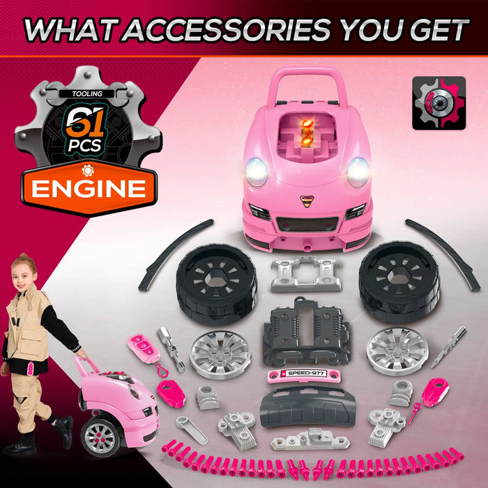 61-piece pink kids engine toy set with car parts, accessories, and a child pulling the case