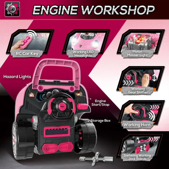 Pink kids engine workshop toy set with steering wheel, car key, gear shifter, headlights, and tools