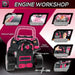 Pink kids engine workshop toy set with steering wheel, car key, gear shifter, headlights, and tools