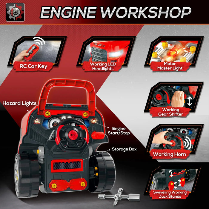 Red kids engine workshop toy set with LED headlights, gear shifter, and play tools displayed.