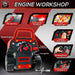Red kids engine workshop toy set with LED headlights, gear shifter, and play tools displayed.