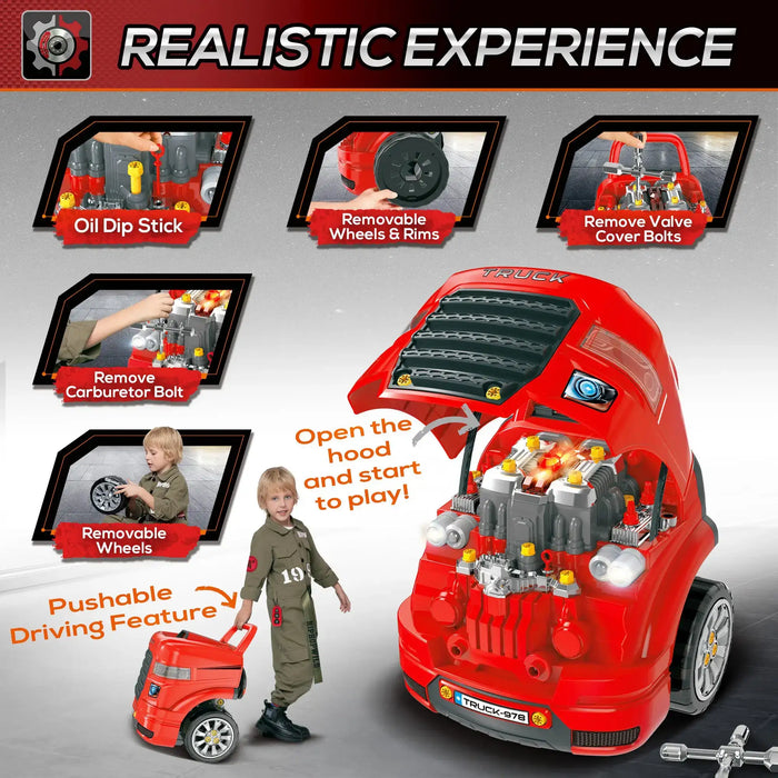Red kids engine toy set with removable parts, open hood, realistic truck workshop, child playing