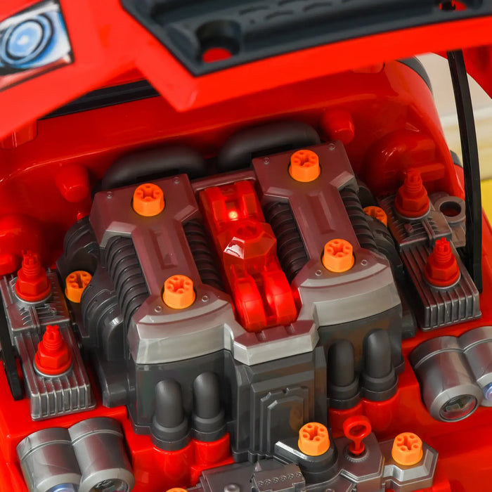 Close-up of red plastic toy car engine from a kids engine workshop playset