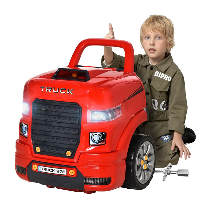 Child in mechanic costume plays with red kids engine toy truck and tool set