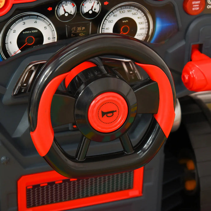 Kids toy car dashboard with black and red steering wheel and vehicle control panel