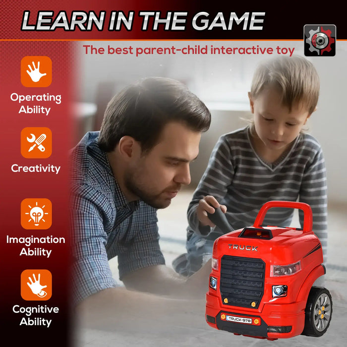 Father and child playing with red kids engine toy set, educational truck role play