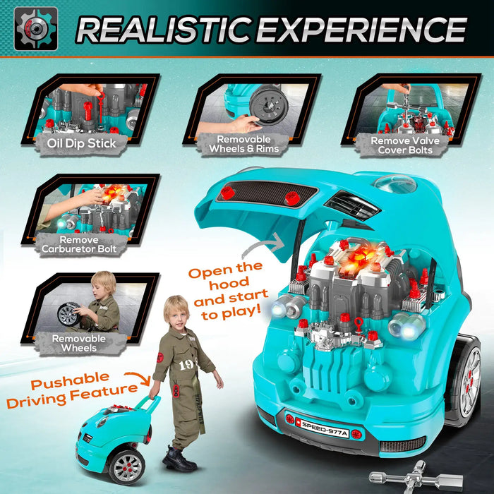 Teal kids engine toy set with removable parts, pushable car, child playing in workshop