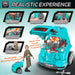 Teal kids engine toy set with removable parts, pushable car, child playing in workshop