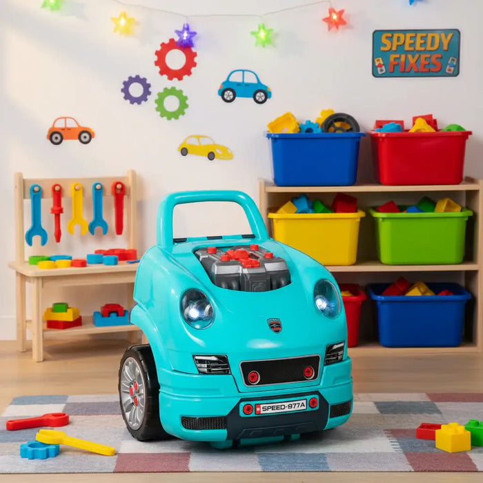 Teal kids engine toy car in playroom with tools, colorful bins, and wall decorations