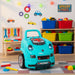 Teal kids engine toy car in playroom with tools, colorful bins, and wall decorations