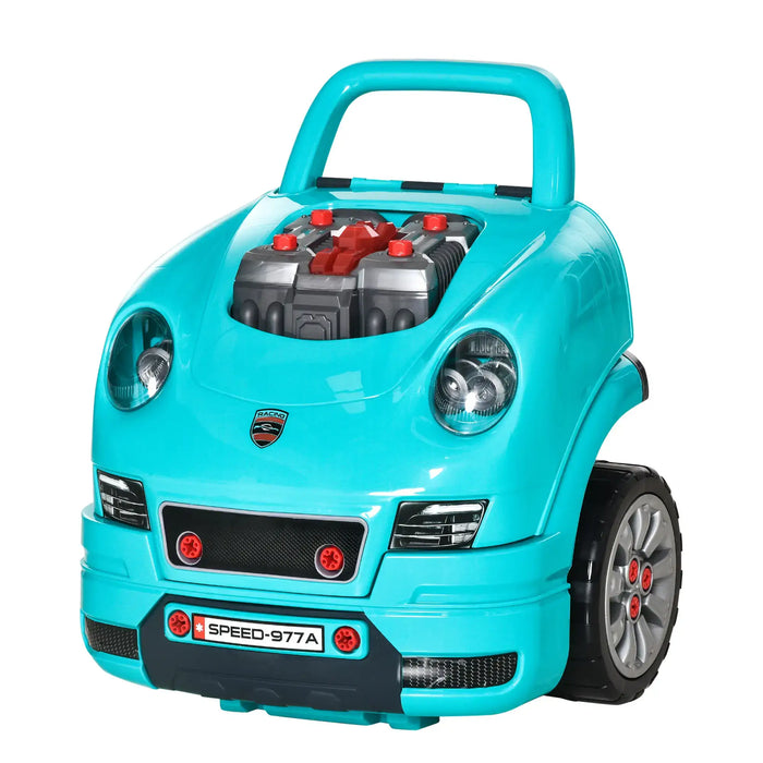 Teal kids engine toy car set with visible engine parts and workshop details