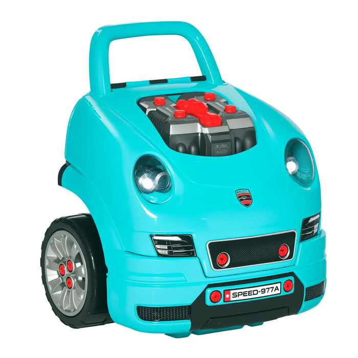 Teal kids engine toy car with visible engine details, headlights, and gray wheels