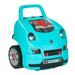 Teal kids engine toy car with visible engine details, headlights, and gray wheels