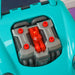 Close-up of teal toy car engine from kids' vehicle maintenance workshop playset