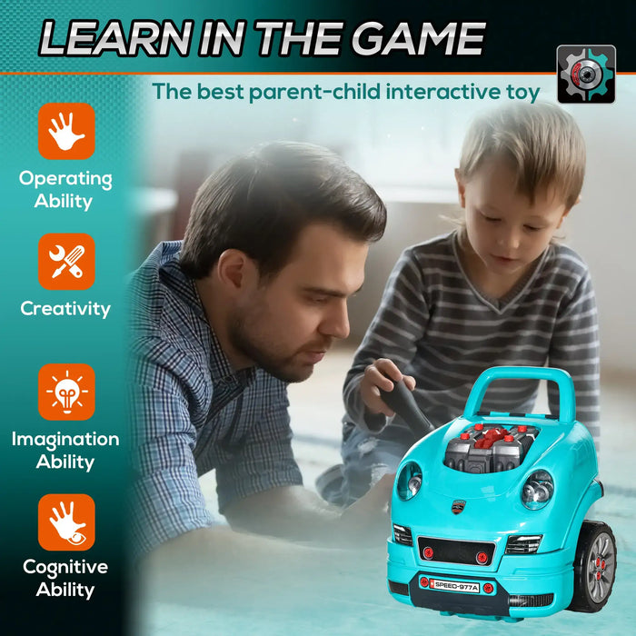 Father and son playing with teal kids engine toy car promoting interactive educational play.