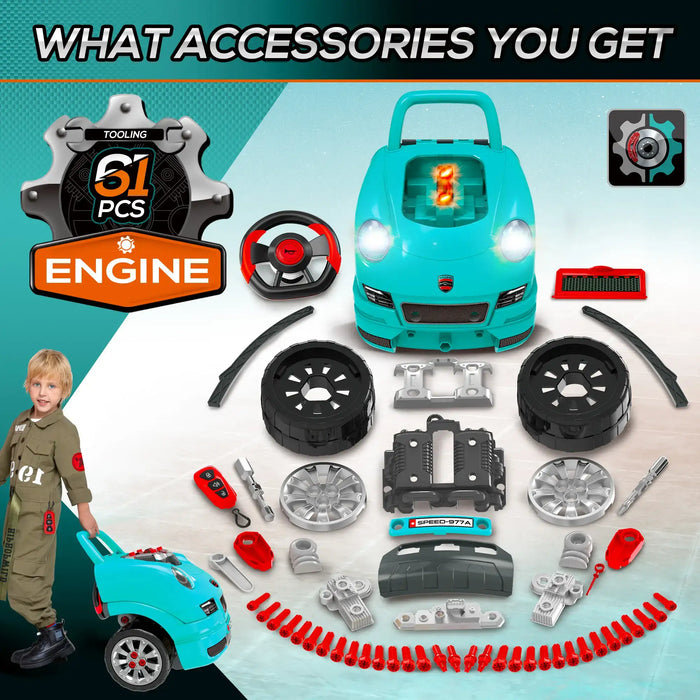 61-piece teal kids engine toy set with car parts, steering wheel, child in mechanic outfit