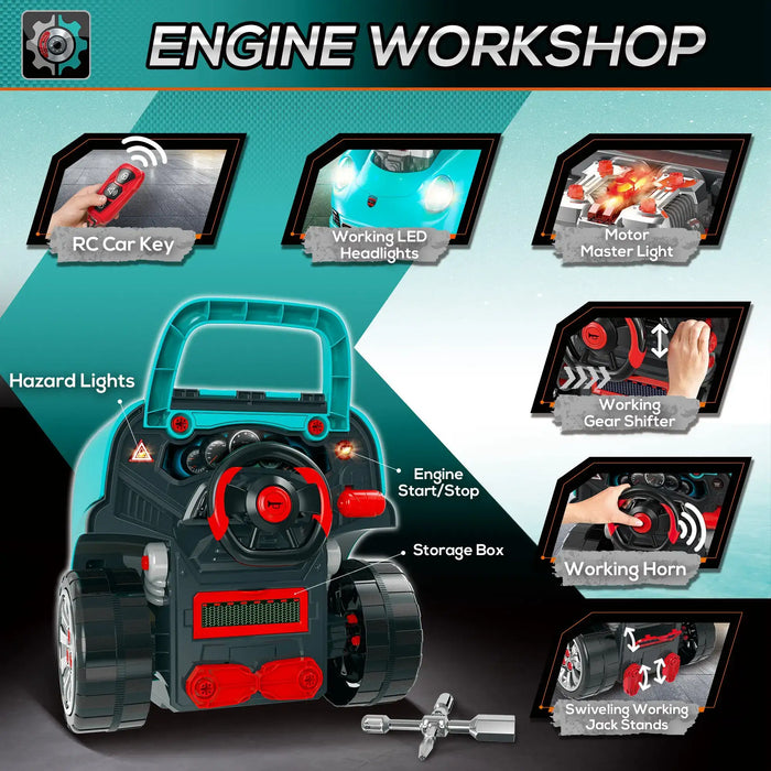 Kids engine workshop toy set with teal car, LED headlights, gear shifter, and tools