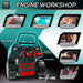 Kids engine workshop toy set with teal car, LED headlights, gear shifter, and tools