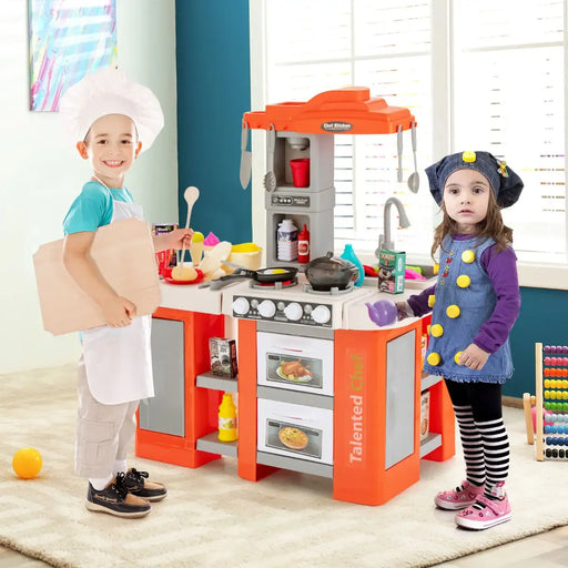 67-Piece Kids Kitchen Play Set - Orange | Lights, Sounds and Steam COSTWAY - Little and Giant Explorers Costway
