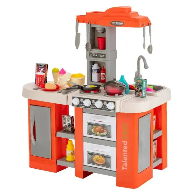 67-Piece Kids Kitchen Play Set - Orange | Lights, Sounds and Steam COSTWAY - Little and Giant Explorers Costway