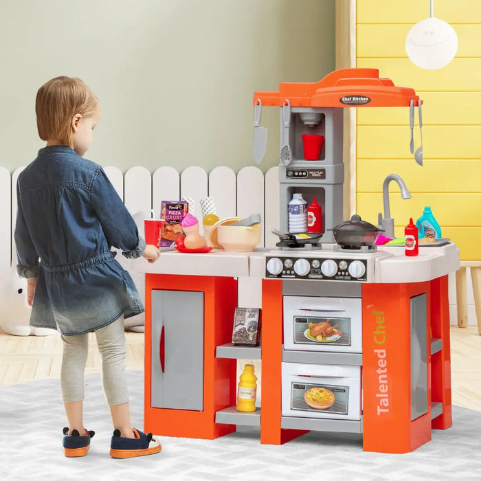 67-Piece Kids Kitchen Play Set - Orange | Lights, Sounds and Steam COSTWAY - Little and Giant Explorers Costway