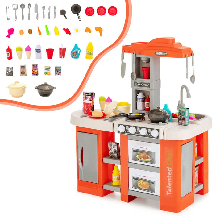 67-Piece Kids Kitchen Play Set - Orange | Lights, Sounds and Steam COSTWAY - Little and Giant Explorers Costway