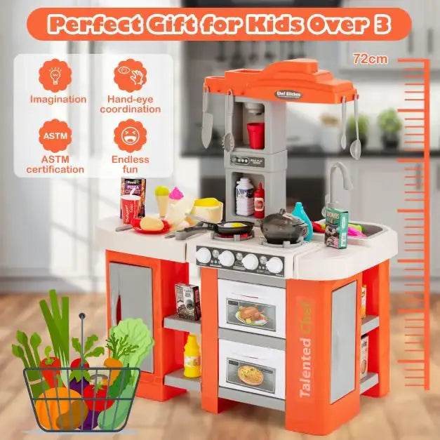 67-Piece Kids Kitchen Play Set - Orange | Lights, Sounds and Steam COSTWAY - Little and Giant Explorers Costway