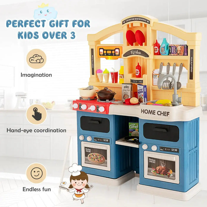 69-Piece Kids Kitchen Playset – Blue | Pretend Cooking Set - Lights and Water Circulation COSTWAY - Little and Giant Explorers Costway