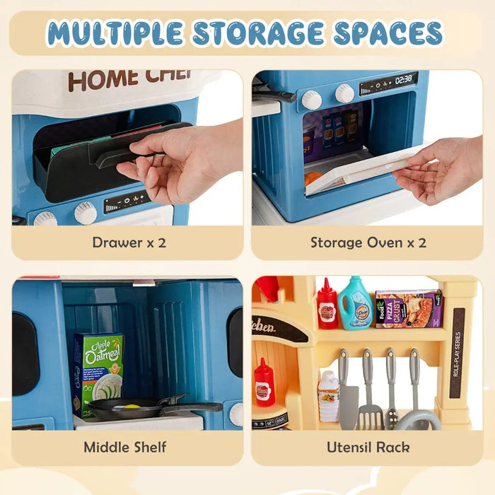 69-Piece Kids Kitchen Playset – Blue | Pretend Cooking Set - Lights and Water Circulation COSTWAY - Little and Giant Explorers Costway