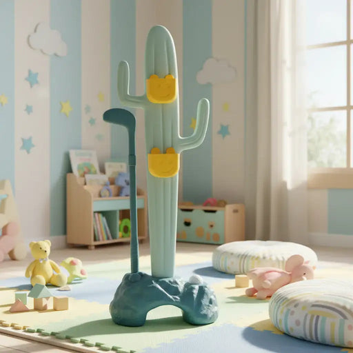 Colorful cactus-shaped toy in a child's room with toys and books on shelves.