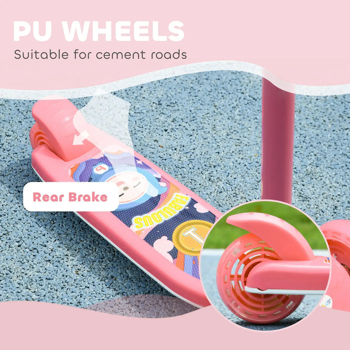 Pink children's scooter with PU wheels and rear brake, suitable for cement roads
