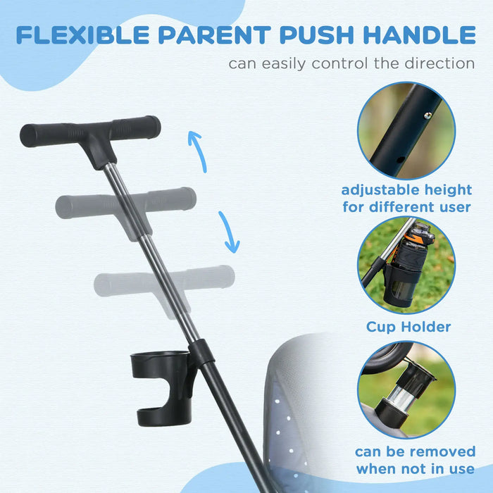Flexible parent push handle with adjustable height and cup holder feature on a white background