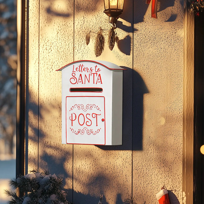 White Letters to Santa mailbox with red lettering on textured wall near Christmas stocking