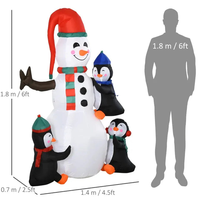 6FT Inflatable Christmas Snowman with Three Penguins - Little and Giant Explorers HOMCOM