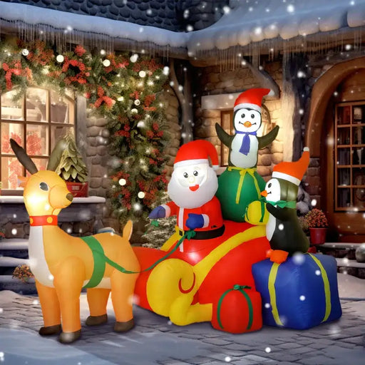 6ft Inflatable Santa Sleigh with Reindeer and Penguin | LEDs and Blower OUTSUNNY - Little and Giant Explorers Outsunny
