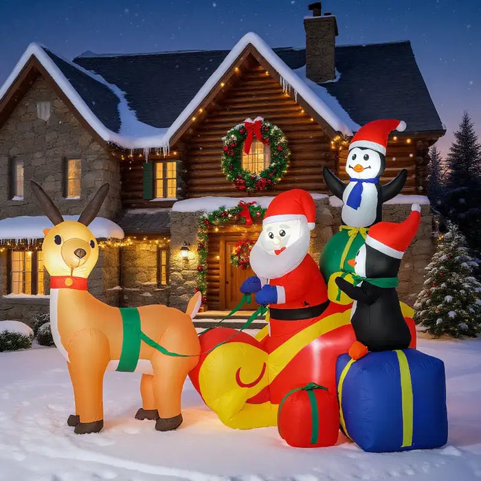 6ft Inflatable Santa Sleigh with Reindeer and Penguin | LEDs and Blower OUTSUNNY - Little and Giant Explorers Outsunny