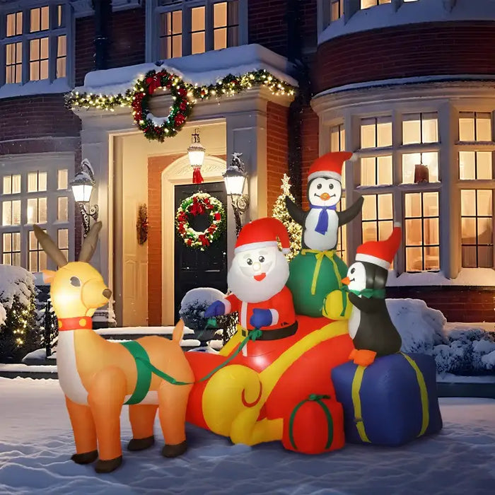 6ft Inflatable Santa Sleigh with Reindeer and Penguin | LEDs and Blower OUTSUNNY - Little and Giant Explorers Outsunny