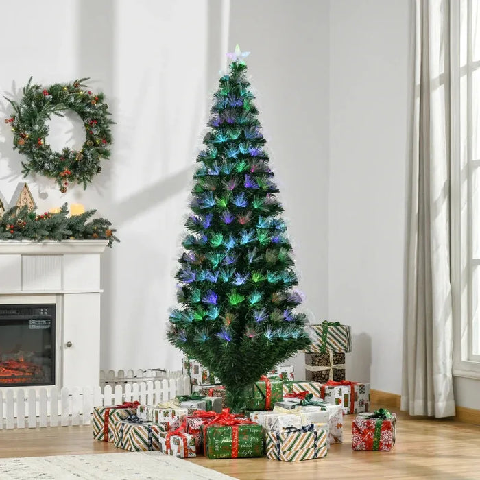 6FT Multicoloured Artificial Christmas Tree with Fibre Optics Pre-Lit - Little and Giant Explorers HOMCOM