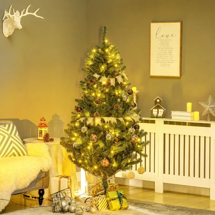 6ft Pre-Lit Artificial Christmas Tree | Warm White LEDs and ‘Merry Christmas’ Banner HOMCOM - Little and Giant Explorers HOMCOM